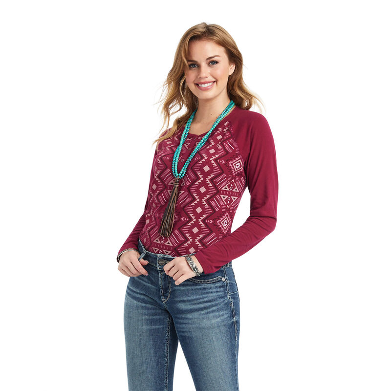 Ariat Hemden Damen - Real Printed Henley Rot ( ORYXF-6140 )